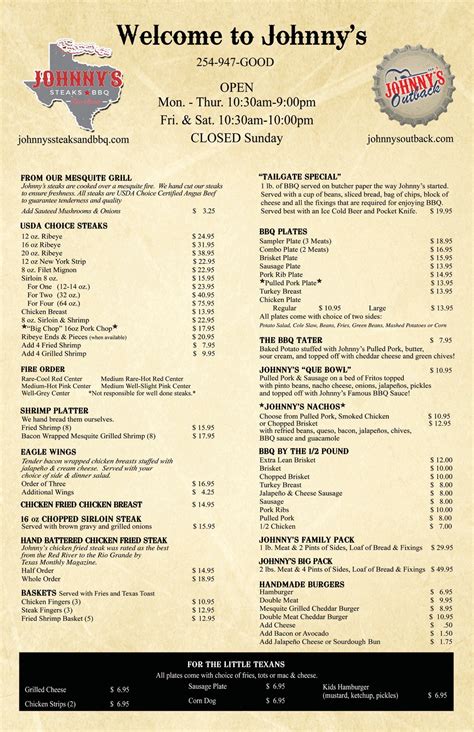 johnny's steakhouse menu with prices.